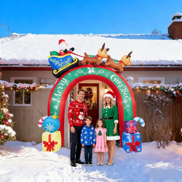 Giant Christmas Inflatable Archway, 9 Warm White LEDs, Santa Sleigh & Reindeer Design, Weatherproof Polyester, for Yard, Garden, Indoor