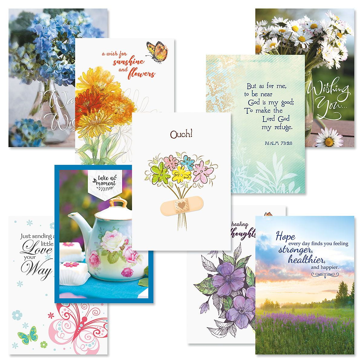 Set of 8 Large 5 x 7 Get Well Soon Cards Get Well Wishes 4 designs Sentiments Inside Watercolor Garden Get Well Greeting Cards 