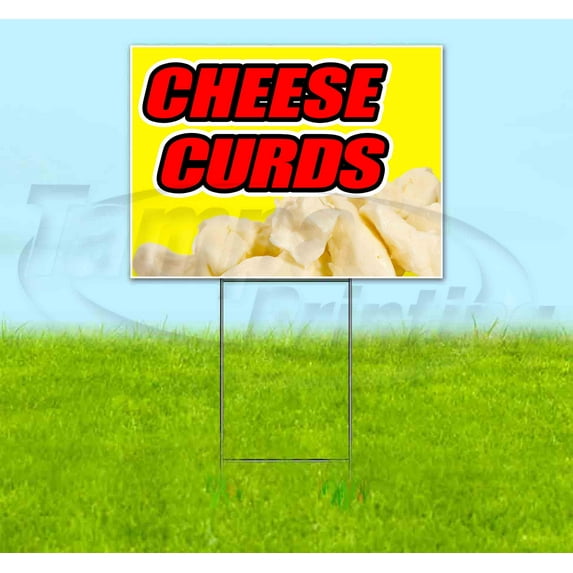 Cheese Curds Yellow Background (18" x 24") Yard Sign, Includes Metal Step Stake