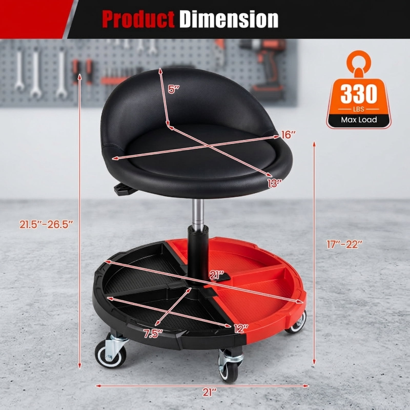 Biotree Rolling Mechanic Stool with Tool Tray for Garage Shop 26.5" x 21" x 12.5" Adjustable Height Shop Seat for Garage, Red