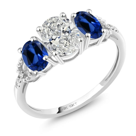 Gem Stone King 10K White Gold IGI Certified Lab Grown Diamond and Blue Sapphire 3-Stone Engagement Ring | 2.12 Cttw | Center Oval Diamond 1.00 Ct | D-E Color | VS1-VS2 Clarity (Size 8)