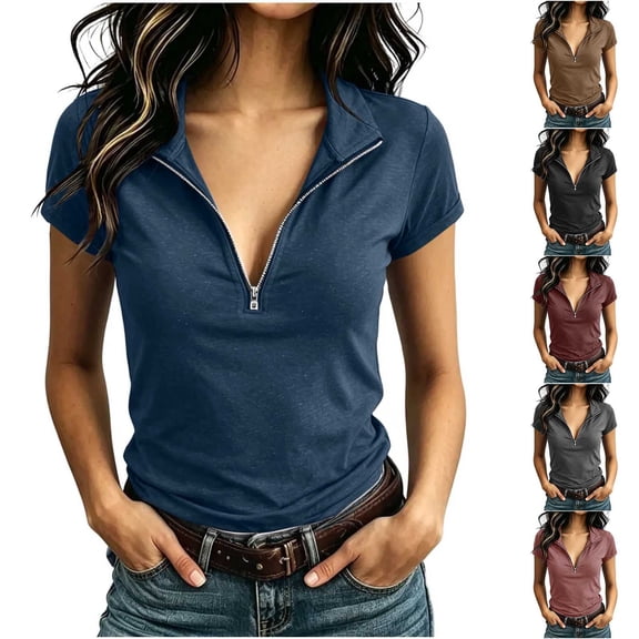 BXJX Womens Collared T-shirts, Zipper Short Sleeve Casual Fashion Summer Tops Womens Tees Blue Size S-3XL