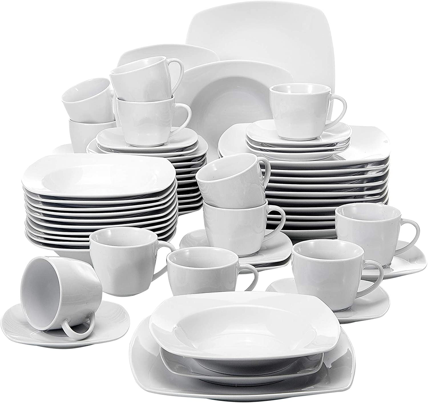 Series Elisa 100-Piece White Dinner Set with 12 Cups and 12 Saucers 12 Mugs 12 Egg Cups 12 Cereal Bowls 12 Dessert Plates 12 Soup Plates 12 Flat Plates MALACASA 
