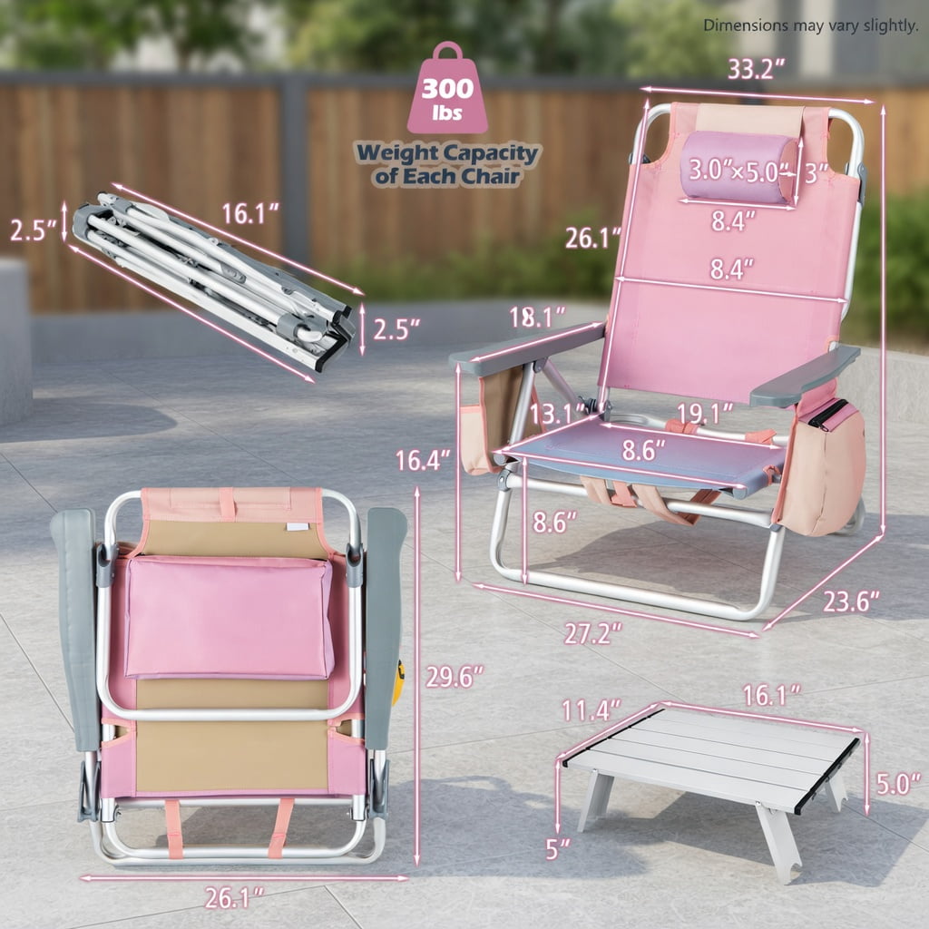 Hommoo 2-Pack Adjustable 5-Position Aluminum Beach Chair Set with Folding Side Table, Lightweight Portable Camping & Outdoor Reclining Chairs, Pink