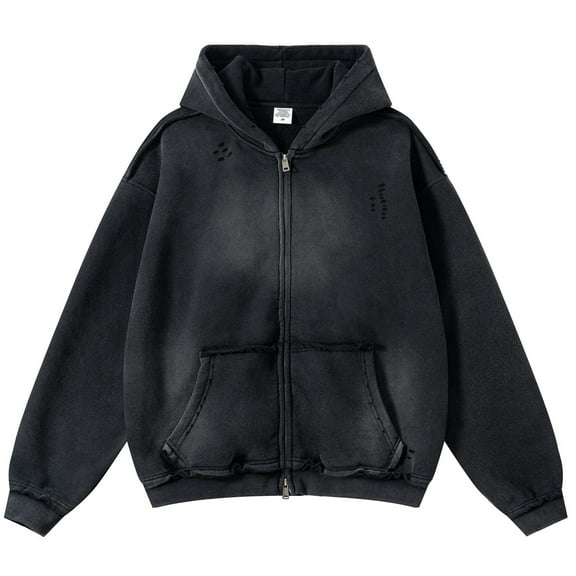 Men's Zip-Up Hoodies Unisex Vintage Heavyweight Hoodie Ripped Washing Streetwear Sweatshirt