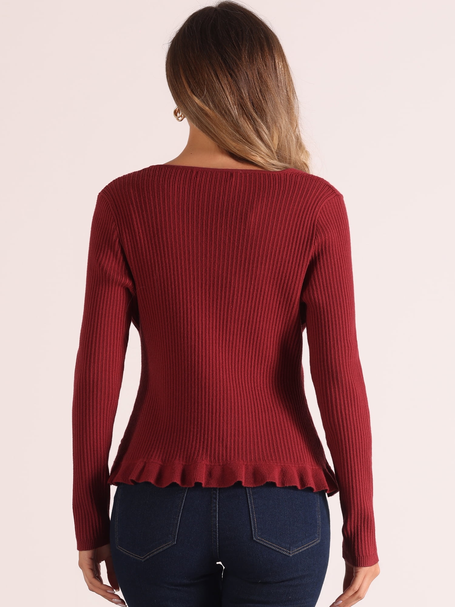 DARING DIVA Women's Ruffle Cardigan V Neck Long Sleeve Open Front Knit Bolero Shrugs M Dark Red
