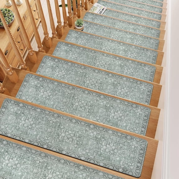 Light Green Stair Treads Non Slip 15PCS 8"x30" Carpet Stair Treads for Wooden Steps, Rubber Backing Stair Runner Washable Safety Carpet for Stairs, Indoor Staircase Step Treads