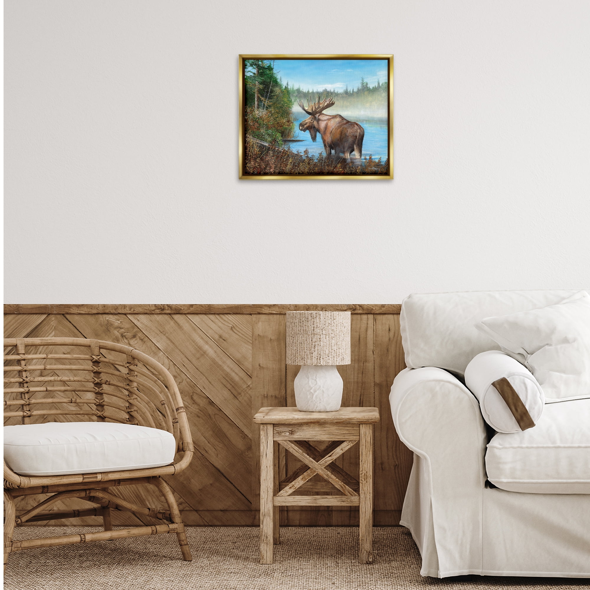 Stupell Industries Rustic Moose Wading in Shore Landscape & Nature Painting Gold Floater Framed Canvas Art Print Wall Art, 21 x 17