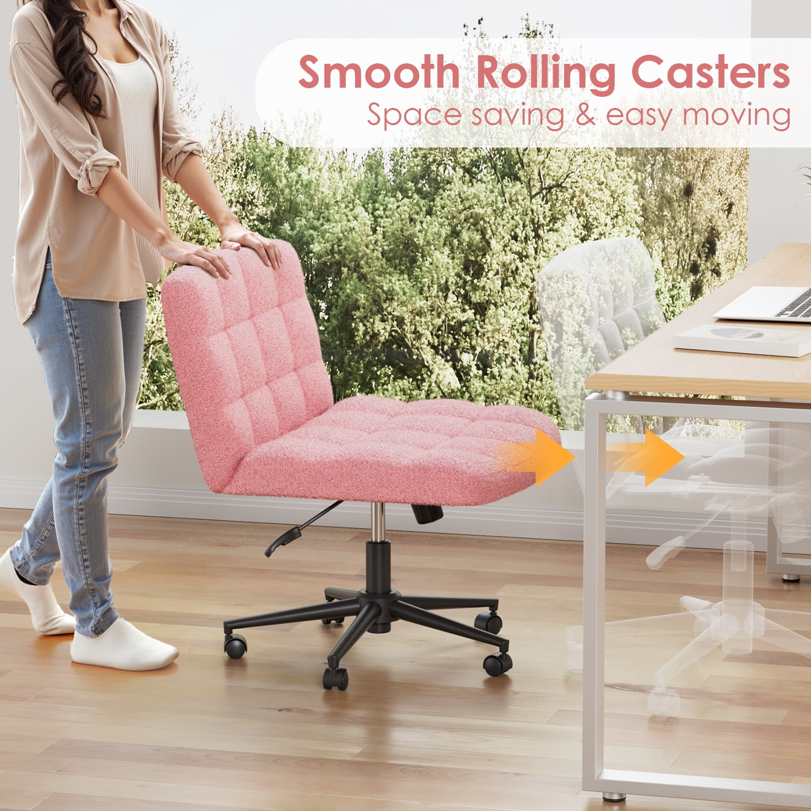 Pirecart Swivel Criss Cross Legged Office Chair, Armless Desk Chair with Wheels, Height Adjustable Vanity Chair with Comfy Cushion for Office, Vanity, Bedroom, Sherpa Fleece, Pink
