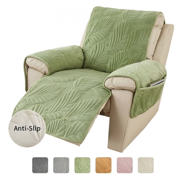 XIBUFE Recliner Covers Palm Leaves Velvet Plush Quilted Recliner Chair Cover Anti-Slip Super Soft Furniture Protector with Elastic Straps for Kids,Dogs,Pets Green 24In