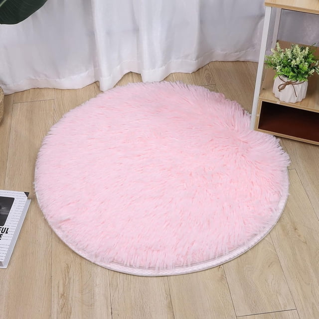 Pink Round Rug Faux Fur Sheepskin Area Rugs Fluffy Plush Carpet Washable Shaggy Mat for Living Room Bedroom Home Decor, 2.6 ft