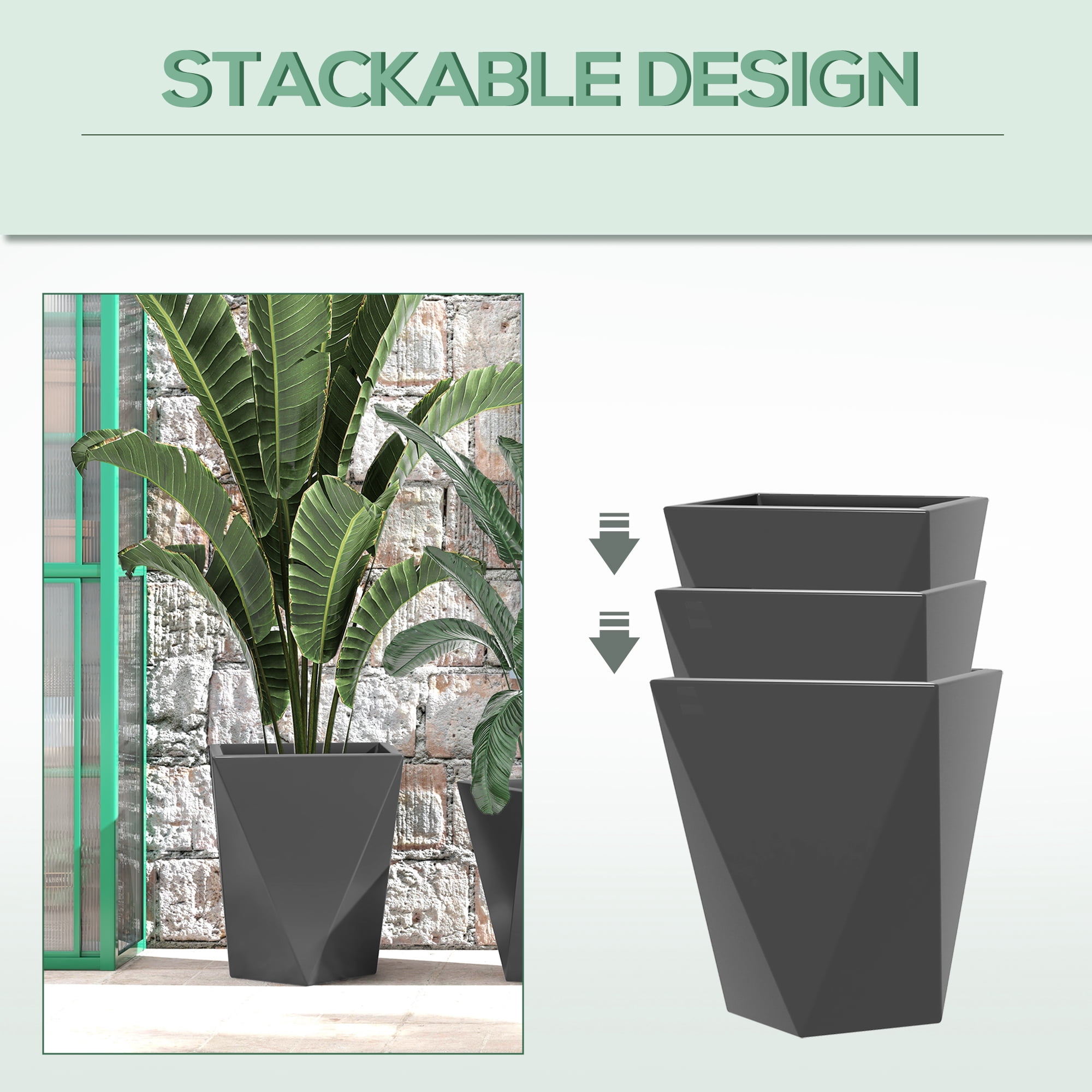 Outsunny Outdoor Planters Set of 3 with Drainage Holes, Flower Pots, Gray