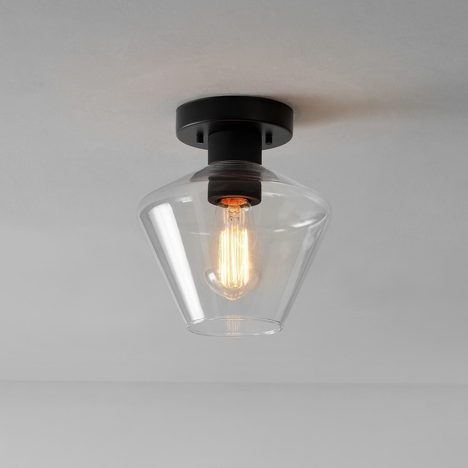 1-Light Matte Black Semi-Flush Mount Ceiling Light with Clear Glass Shade and Diamond Knurl Texture on Socket