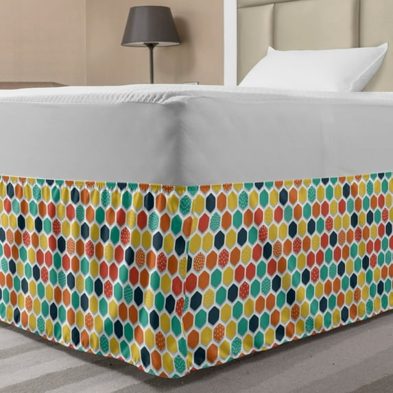 Colorful Bed Skirt, Pattern with Multicolored and Dotted Hexagons Retro Style Geometric Design Print, Elastic Bedskirt Dust Ruffle Wrap Around for Bedding Decor, 4 Sizes, Multicolor, by Ambesonne