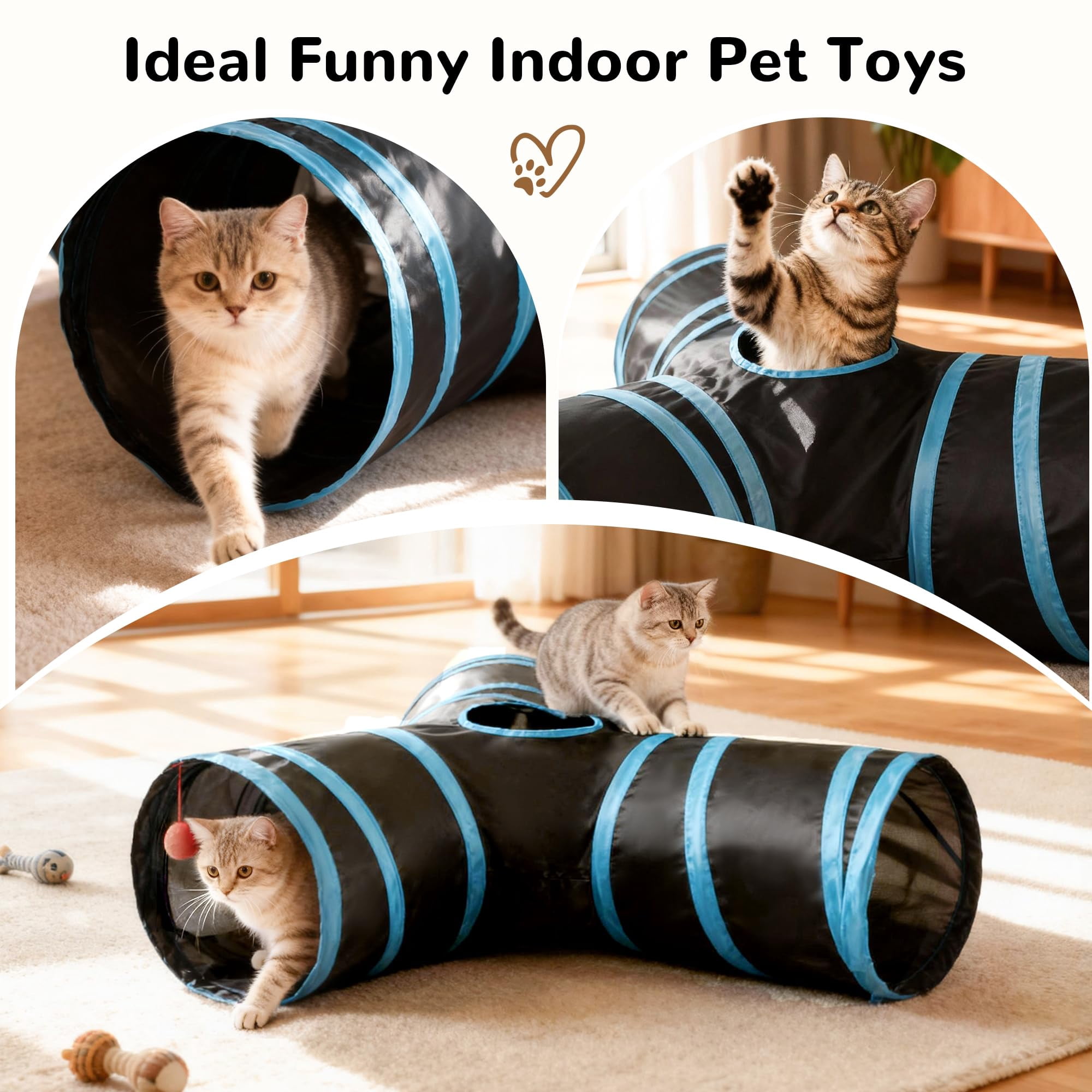 mirlewaiy Pet Cat Tunnel Collapsible Toy, 3-Way Kitty Tunnel with Peek Hole & Ball - Indoor Play Tube for Cats, Kittens, Puppy, Rabbit, Rabbit Rainbow