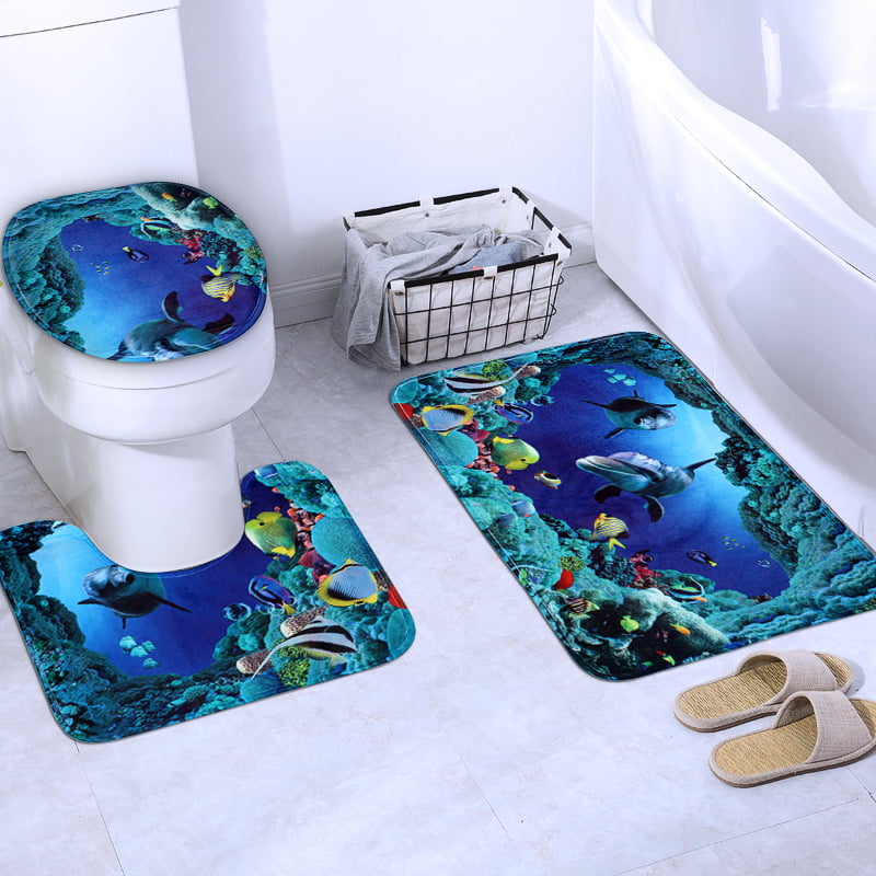 3PCS Sea Ocean Beach Bathroom Rugs Non-Slip Carpet Toilet Lid Cover Bath Mat Set