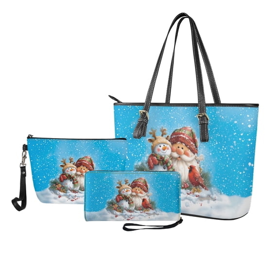 ZUXONGSY Santa Claus Snowman Print Tote Bag with Multifunctional Cosmetic Bags Wallet for Women PU Leather Top Handle Satchel Set with Lightweight Makeup Pouch Card Holder for Business Shopping