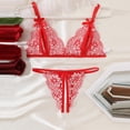 thumbnail image 2 of JSGEK Women Furry Trim Lace Bra and Thong Set Sheer Mesh Underwire Support Lingerie for Intimate Nightwear Red XL, 2 of 7