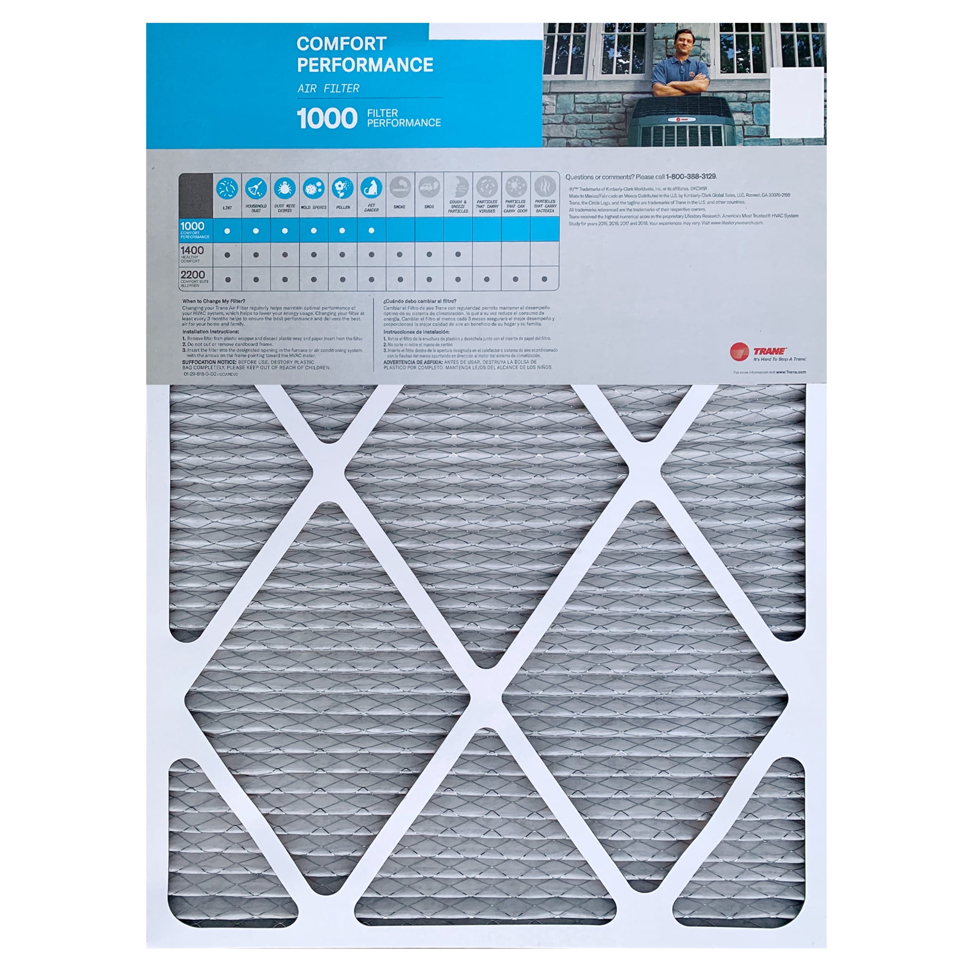 Trane Comfort Performance Air Filter, 1000 Micro Particle Reduction HVAC Furnace, 20x25x1