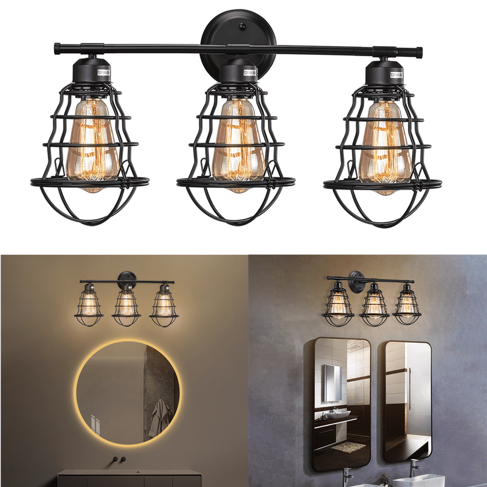 3-Light Industrial Bathroom Vanity Light Metal Wire Cage Wall Sconce Lamp Holder 