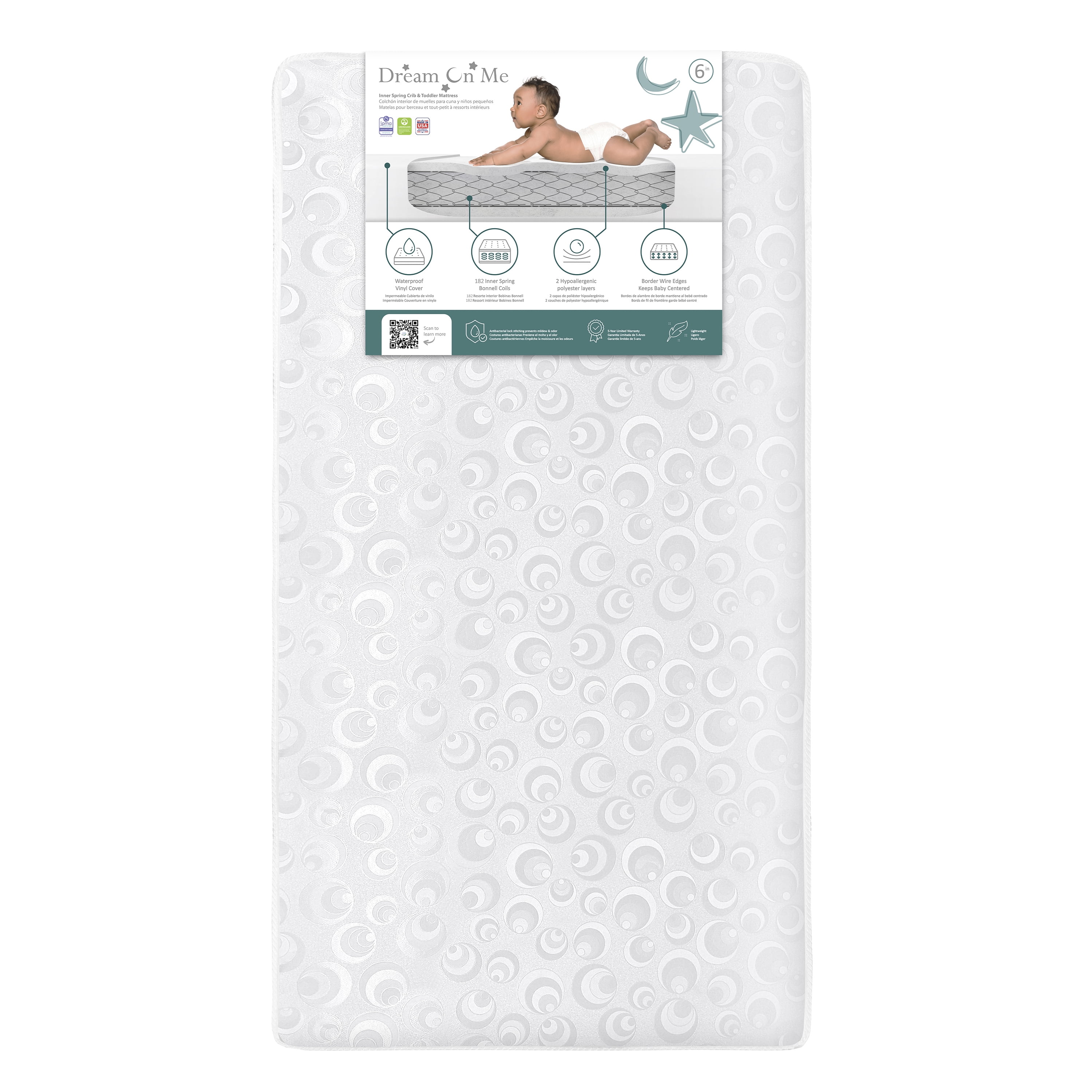 Dream On Me Honeycomb Breathable Fiber Crib and Toddler Mattres | Honeycomb Lunar Circles / White