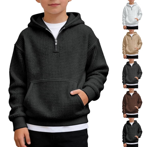 BdTemWBs Boys Quarter Zip Hoodies - Waffle Knit Kids Long Sleeve Hooded Sweatshirts with Pockets Pullover Tops Clothes