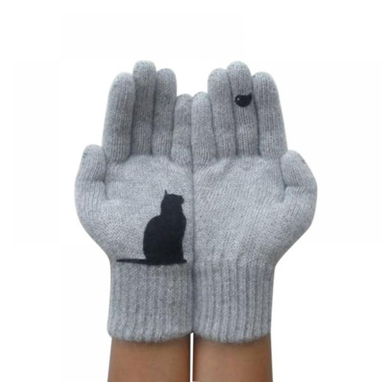 Cute Cartoon Cat And Bird Printed Gloves Thick Winter Hand Protection Gloves