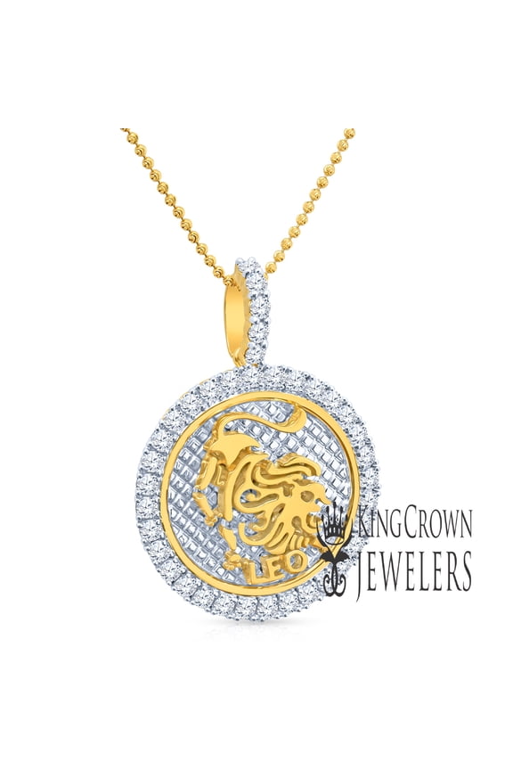Real Yellow Gold Sterling Silver Leo Lion Zodiac Sign Astrology Horoscope Simulated Diamonds Round Circle Unisex Pendant Charm Chain Set