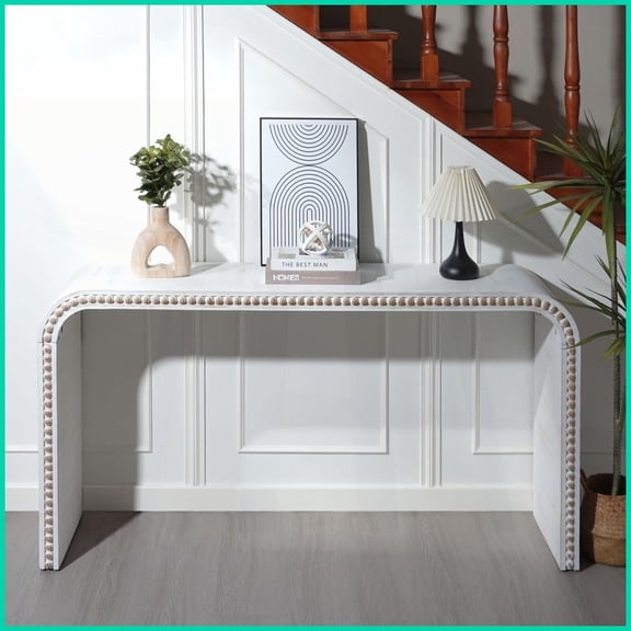 Space-Saving Washed White 59in Coffee Table with Curved Beaded Design for Entryway & Living Room