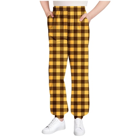 Girls Pants Striped/Plaid/Stars Printed Trendy Sweatpants Cinch Bottom Elastic Waisted Casual Jogger Pants (9-10 Years Yellow 01)