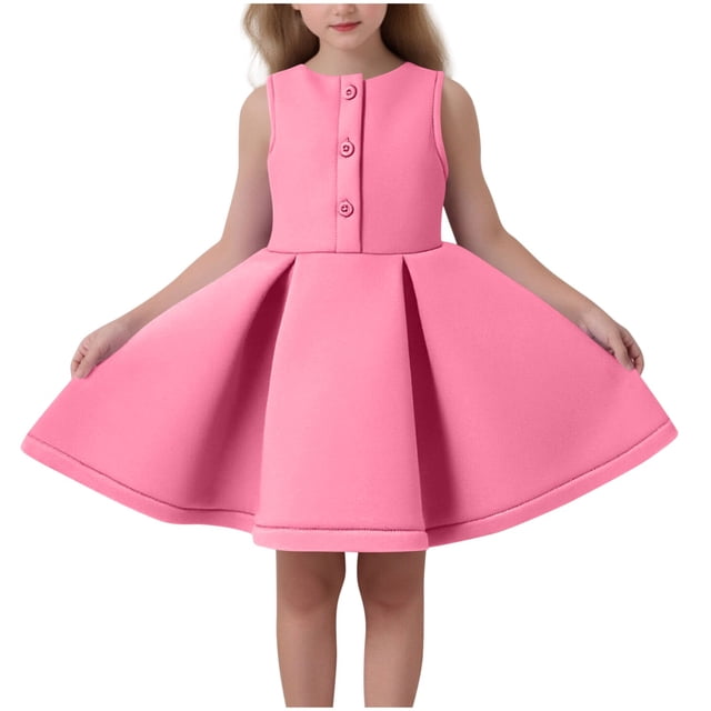 Floleo Robe Sans Manches à Volants en Dentelle pour Filles, Col Rond, Jupes Décontractées d'Été, Activités de Lecture, Ajustement Confortable, Robe d'Été pour Enfants (Rose Vif, 18-24 Mois)