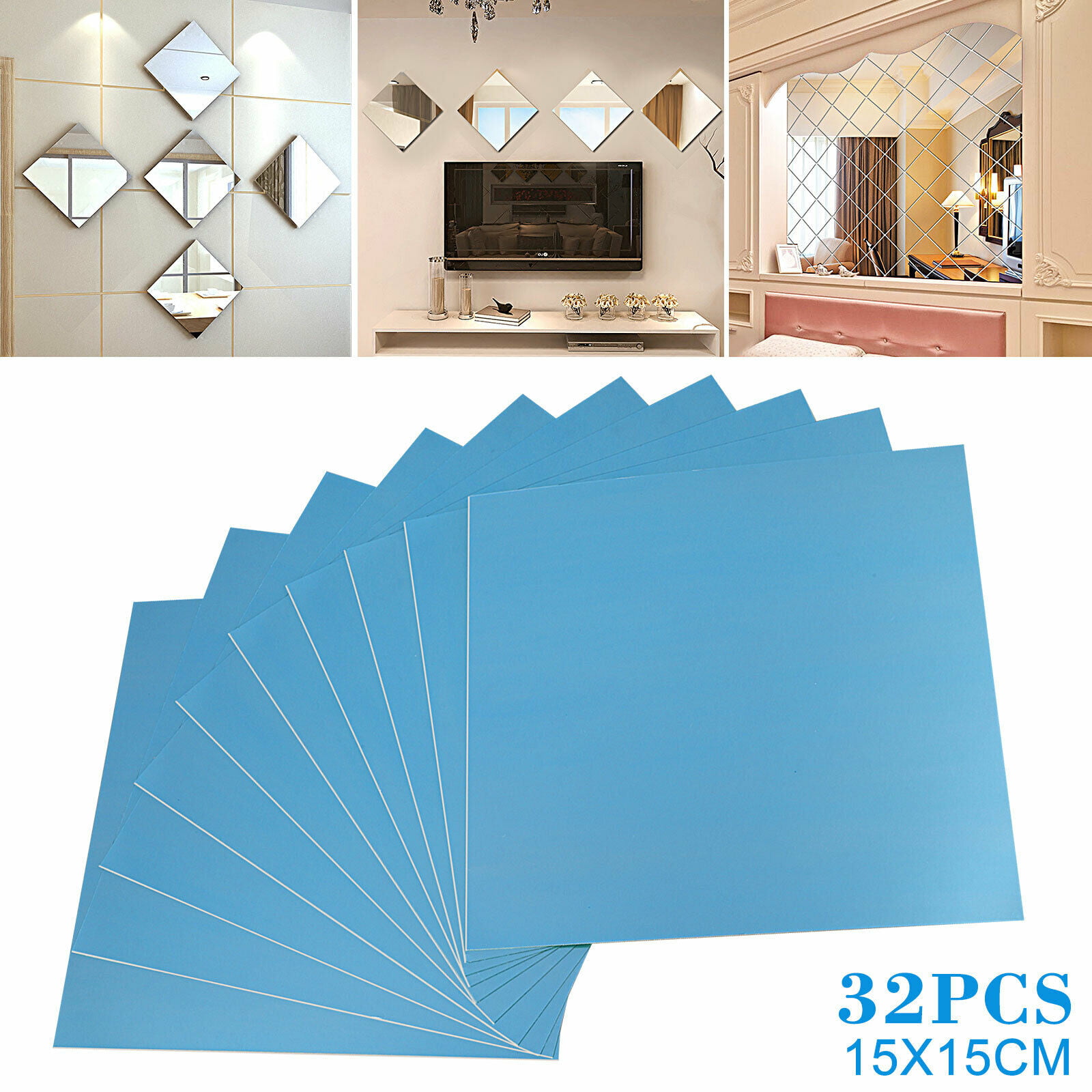 32PCS Square Wall Stickers Glass Mirror Tiles Self Adhesive Stick Home Art Decor 