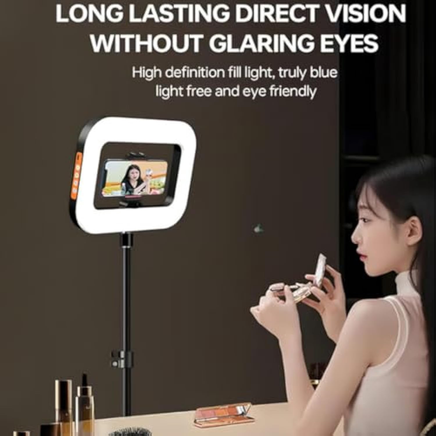 Rechargeable Selfie Portable Ring Light – Adjustable Bicolor Fill Light, Cordless Square Design, LED Ring Light, 4400mah Built-in Battery with 85in Extendable Tripod Stand & Phone Holder (Base)