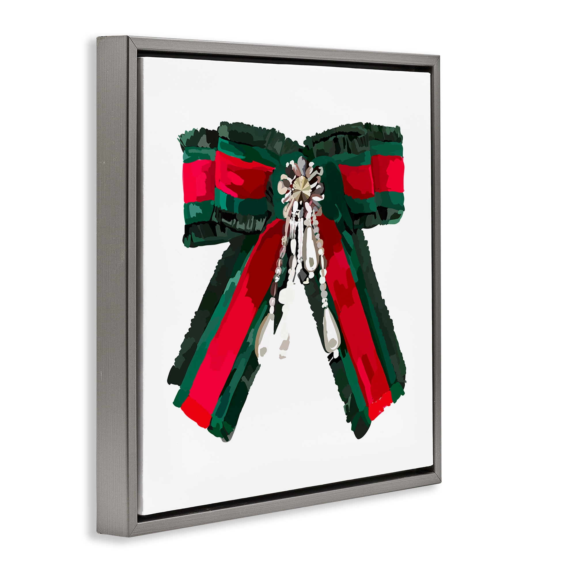 Stupell Industries Green & Red Bow Fashion Painting Gray Floater Framed Canvas Art Print Wall Art, 25 x 25