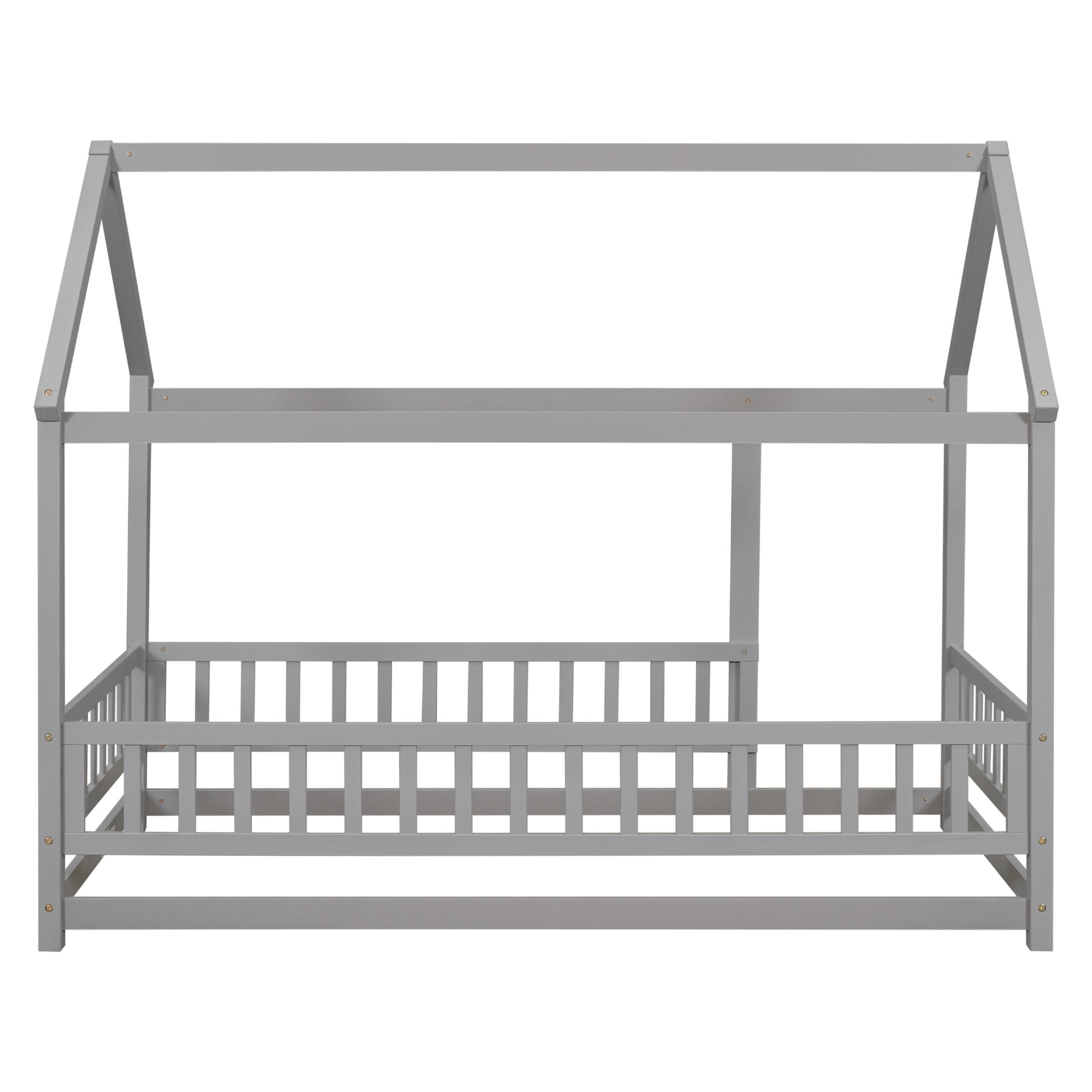 Modern Twin Size Montessori Floor Bed with House Roof Frame, Fence Guardrails and Opening, Grey