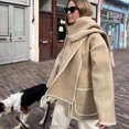 thumbnail image 3 of HH TRAF Abrigo de invierno para mujer, abrigo de botonadura sencilla en contraste con bufanda con borlas, chaqueta holgada de manga larga, tops casuales elegantes, 3 of 5
