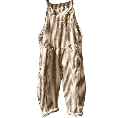 

Julycc Women Cotton Linen Striped Wide Leg Jumpsuit Dungarees Casual Playsuit Overalls