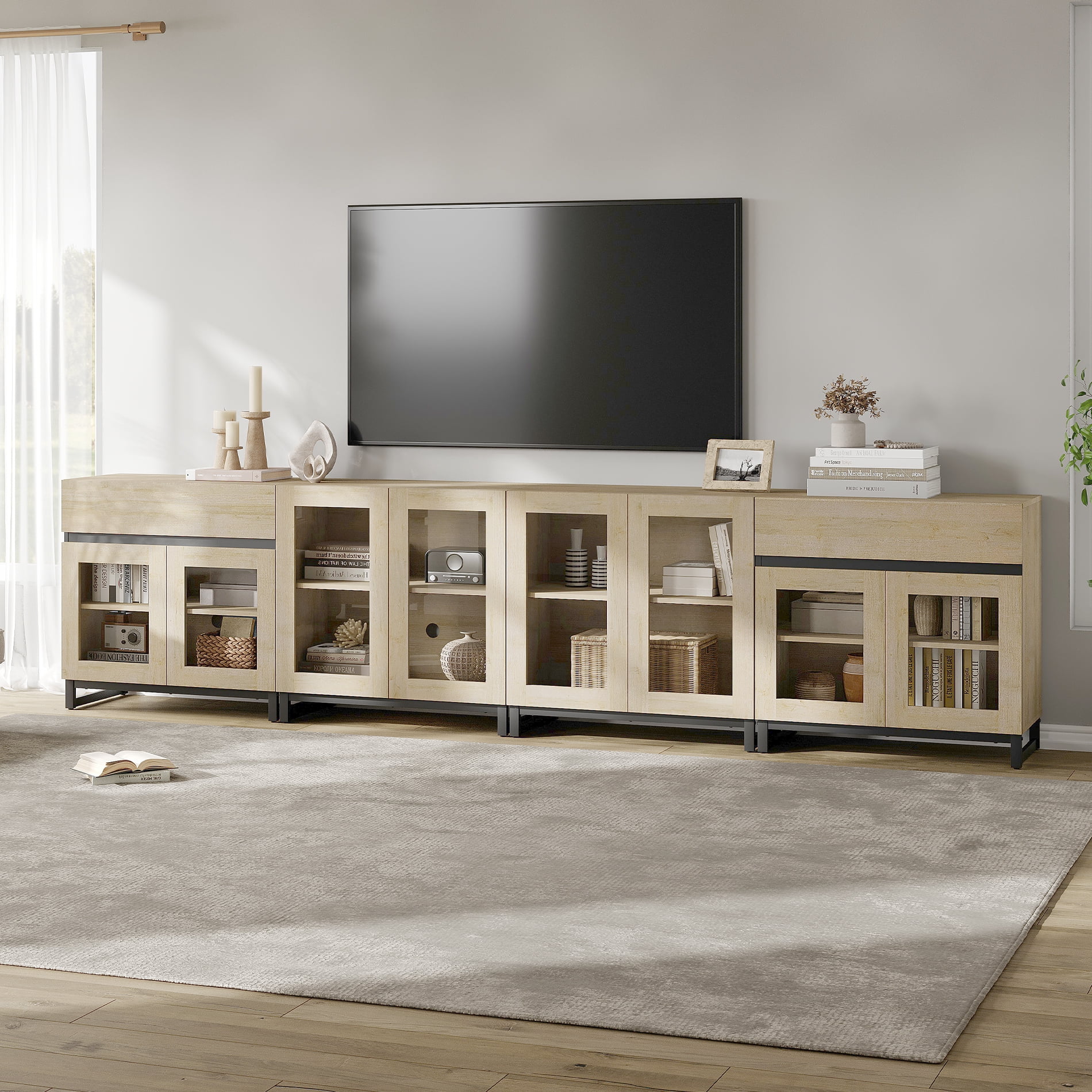Modern TV Stand For Tvs Up To 120 Inches, 4 In 1 TV Console With Glass Doors And 2 Drawers, Entertainment Center With Adjustable Shelf For Living Room, Bedroom,Beige