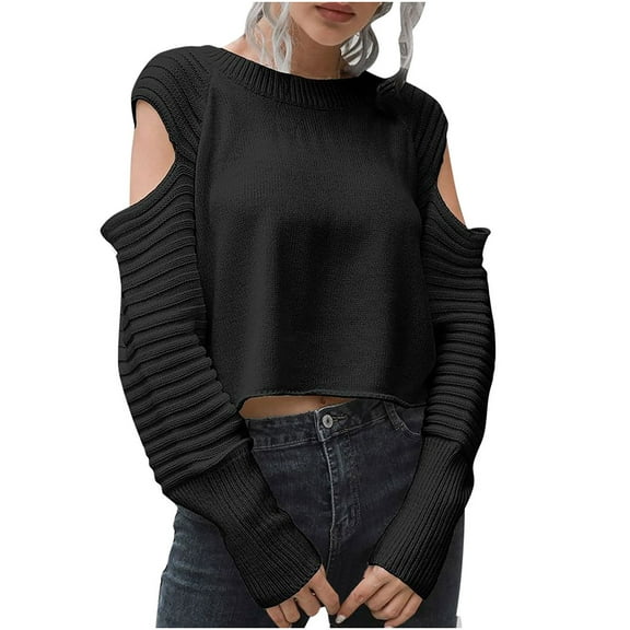 Womens Fall Fashion 2022! QLEICOM Sweaters for Women, Women's Casual Round Neck Solid Color Hollow Out Long Sleeve Pullover Short Knitted Sweater Tops On Clearance
