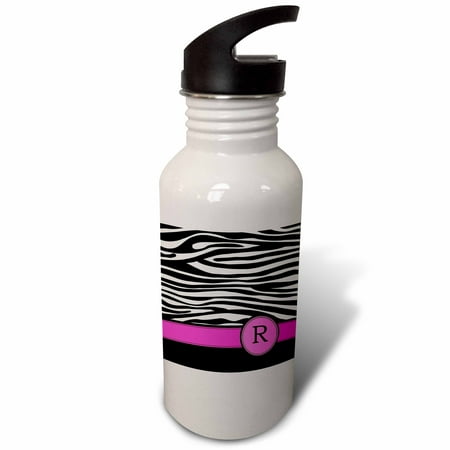 

Letter R monogrammed black and white zebra stripes animal print with hot pink personalized initial 21 oz Sports Water Bottle wb-154289-1