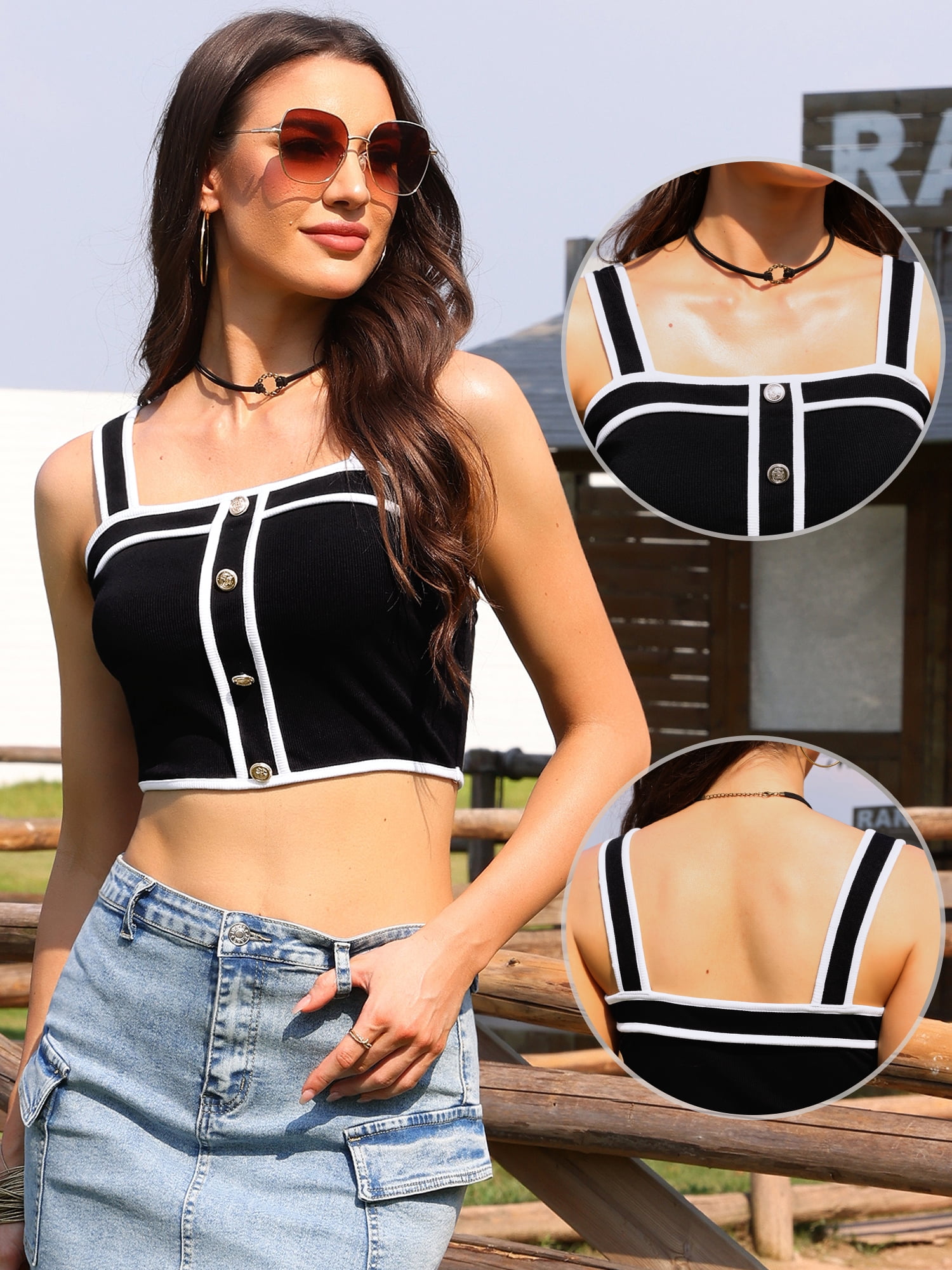 DARING DIVA Women's Summer Crop Tank Top Sleeveless Color Block Square Neck Cami XS Black