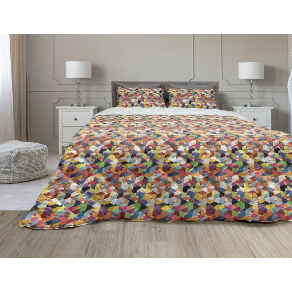 Retro Comforter & Sham Bedding Set, Lively Scene of Triangles Diamond Shapes and Other Polygons in Grunge Style, 3 pcs Duvet Set Microfiber Filling Quilt, 5 Sizes, Multicolor, by Ambesonne