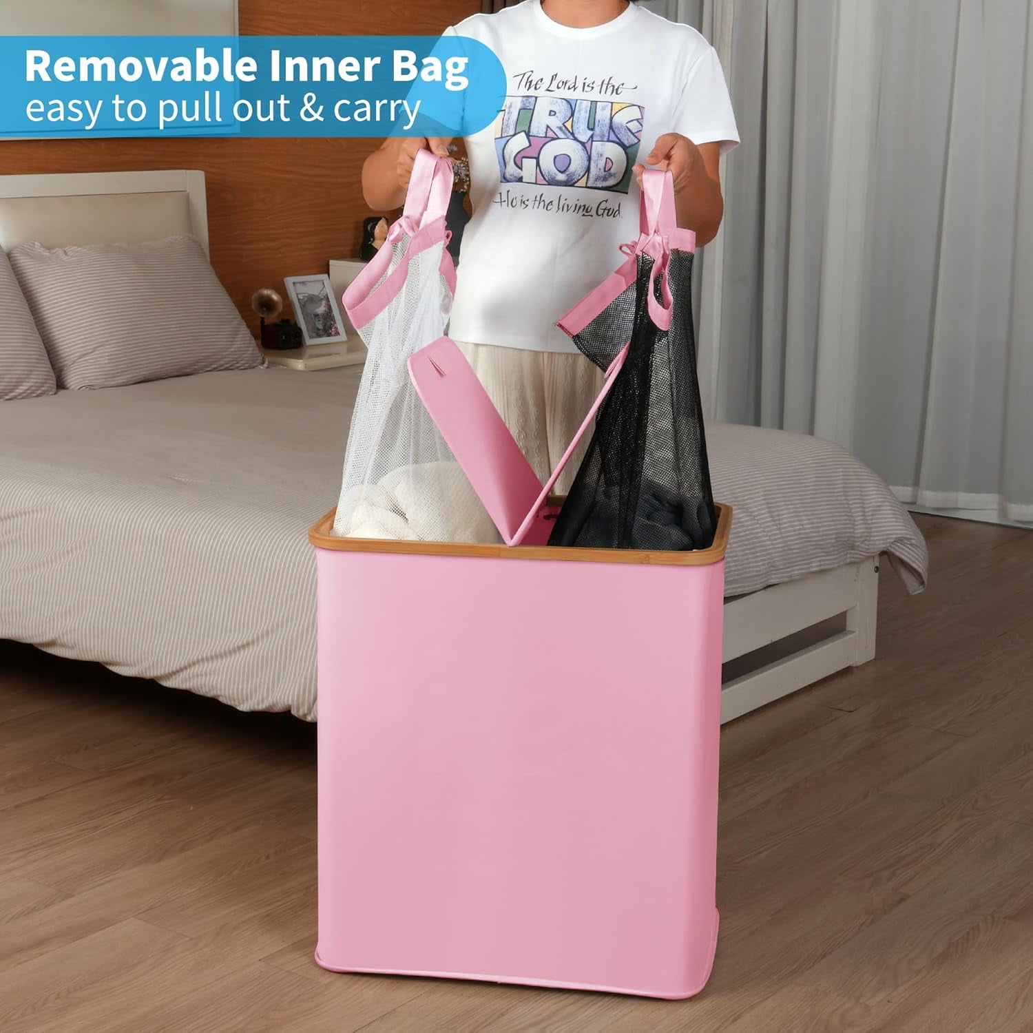 Laundry Hamper with Lid, Double Laundry Hamper with 2 Removable Bags, 2 Section Laundry Basket with Bamboo Handles for Bathroom, Bedroom & Laundry Room (Pink, 140L Dual)