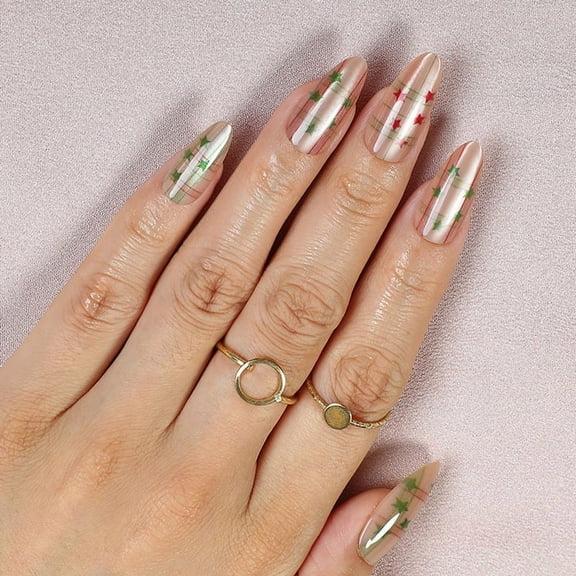 Christmas Almond Premium Cat Eye Press On Nails, 24Pcs Painted Grid Star Fake Nails, Festive Nail Art Set