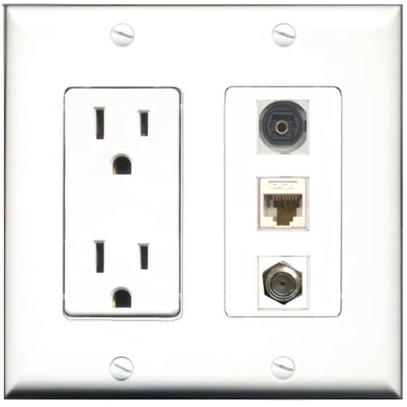 RiteAV - 15 Amp Power Outlet 1 Port Coax 1 Port Toslink 1 Port Cat6 Ethernet Ethernet White Decorative Wall Plate