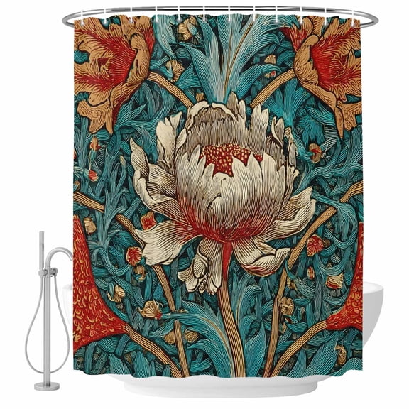 William Morris Plant Floral Shower Curtain Set - Small 36" x 72" Washable Bathtub Curtain with 12 Hooks, Retro Lotus Flower Leaves Waterproof Fabric Stall Shower Curtains for Bathroom/Bathtub Décor