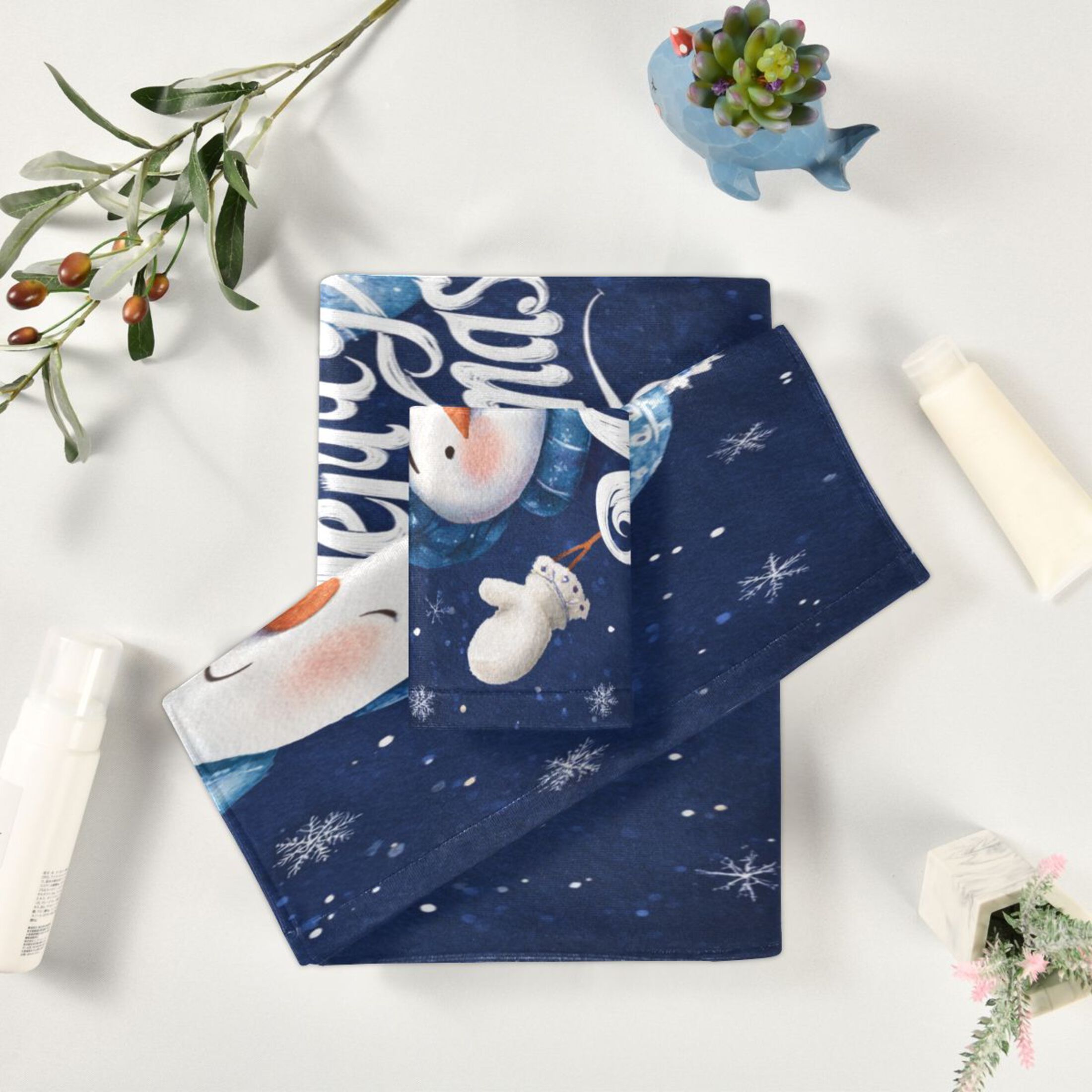 3 Piece Bath Towels Set Bath Towel, Hand Towel and Face Towel for Bathroom, Gym, Hotel Snowman Wearing Blue Scarf and Hat