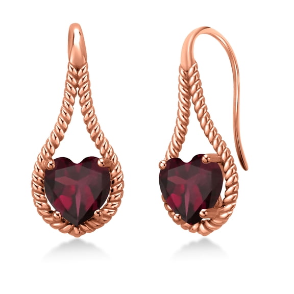 Gem Stone King 18K Rose Gold Plated Silver Red Rhodolite Garnet Dangle Earrings for Women | 3.00 Cttw | Gemstone January Birthstone | Heart Shape 7MM