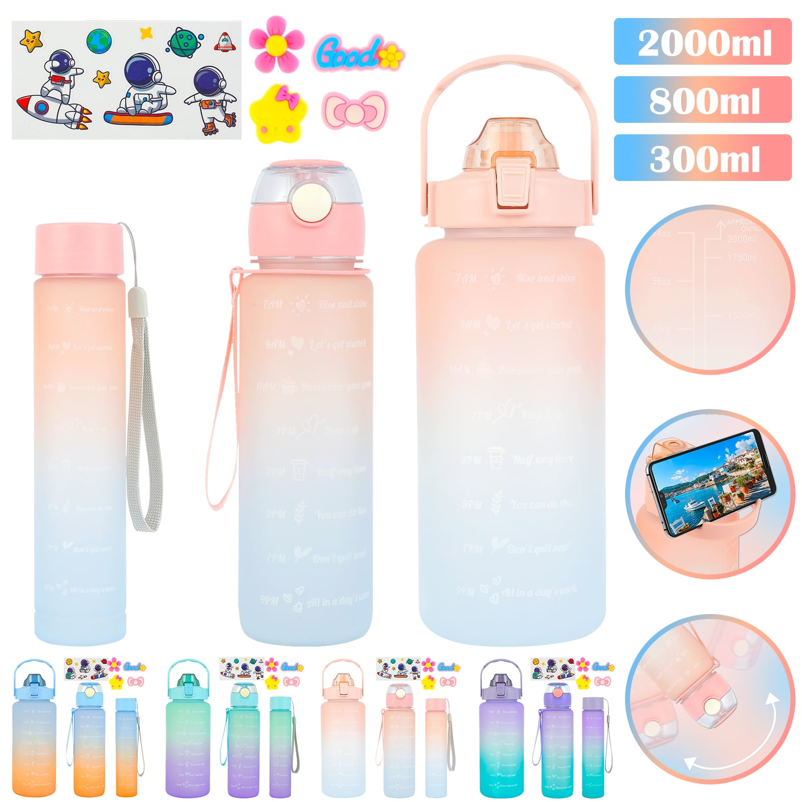 New 3 Pack Water Bottles with 2L Large Bottle 800MLPortable Bottle and  300ML Mini Bottle Motivational