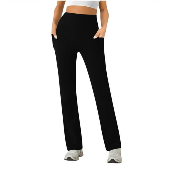 BLVB Women's Straight Leg Yoga Pants High Waist Stretchy Work Pants Gym Workout Leggings with Pockets